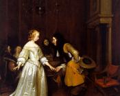 一位军官向一位女士鞠躬 - 杰拉德·特·博尔奇